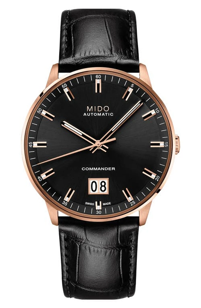 MIDO Commander II Skeleton Leather Strap Watch in Black/Rose Gold at Nordstrom