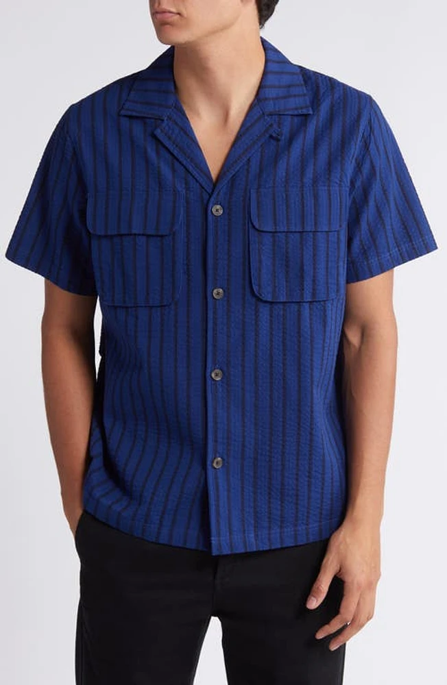 Les Deux Osmund Stripe Cotton Seersucker Camp Shirt Dark Navy/Blueprint at Nordstrom,