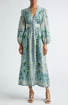 Zimmermann Ottie Paisley Long Sleeve Linen Midi Dress Green at Nordstrom,