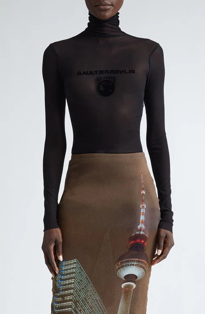 Jean Paul Gaultier x Shayne Oliver Flocked Earth Funnel Neck Mesh Top Black/Black at Nordstrom,