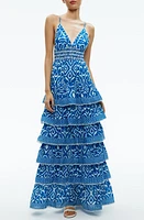 Alice + Olivia Imogene Ikat Print Tiered Open Back Maxi Dress Artisan French Blue at Nordstrom,