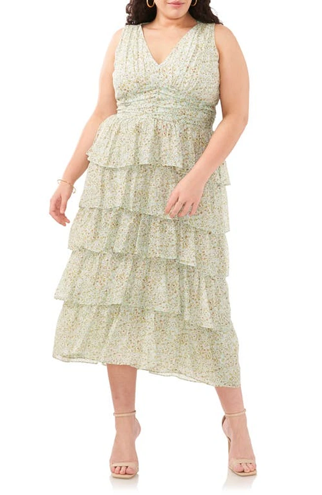 1.STATE Floral Tiered V-Neck Midi Dress Blue River at Nordstrom,