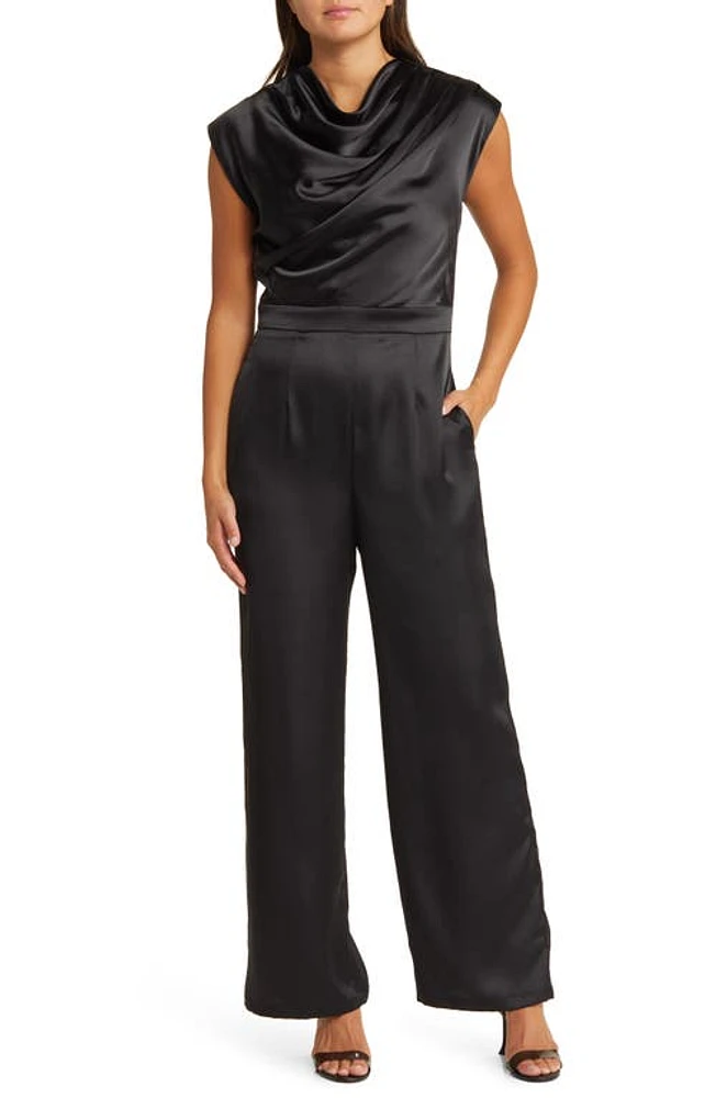 Socialite Drape Cowl Neck Satin Jumpsuit in Black at Nordstrom, Size Small