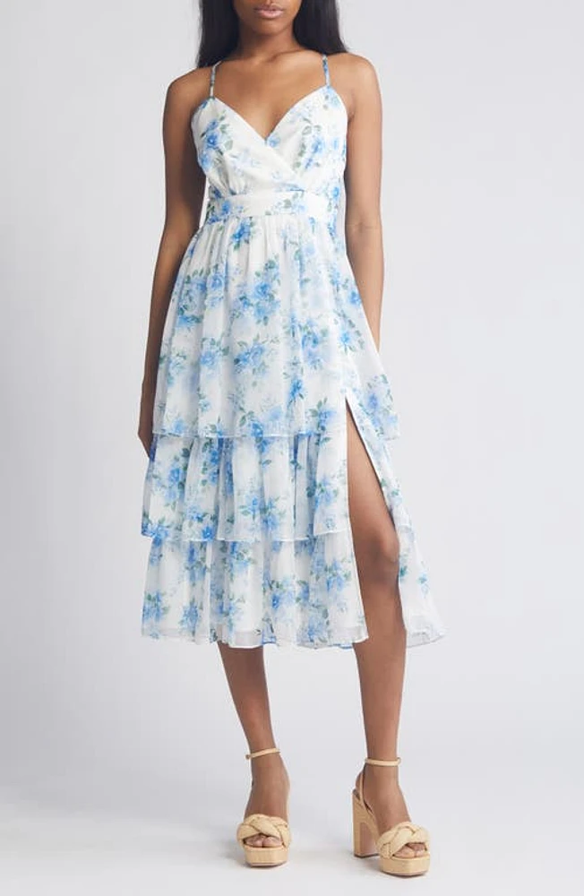 Lulus Cultivate Crushes Floral Midi Cocktail Dress White/Blue/Green at Nordstrom,