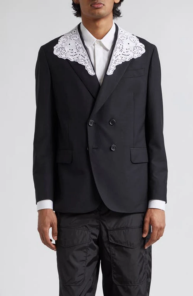 Simone Rocha Lace Collar Double Breasted Blazer Black/White at Nordstrom,