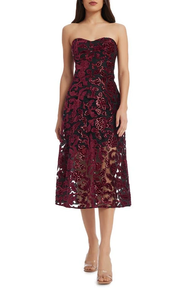 Dress the Population Sadie Floral Sequin Strapless A-Line Burgundy-Black at Nordstrom,