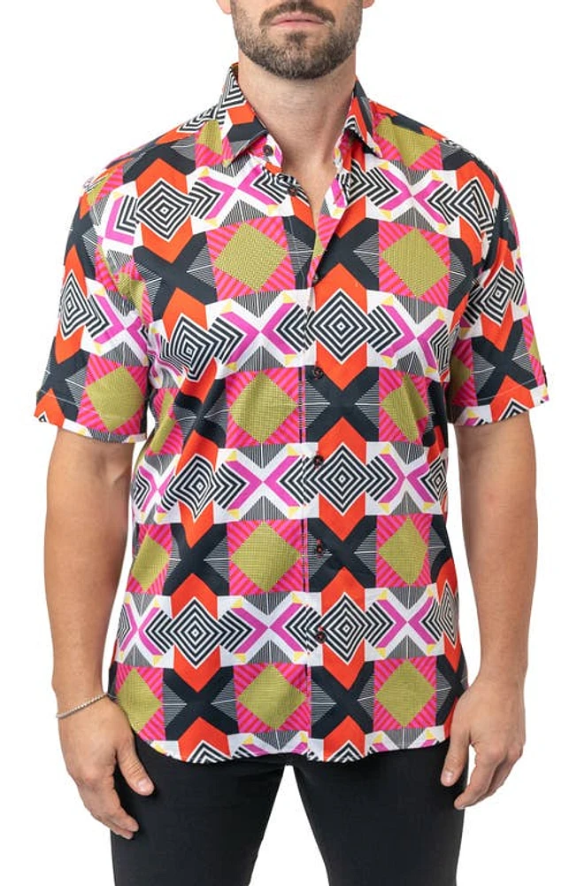 Maceoo Galileo Geometric Short Sleeve Egyptian Cotton Button-Up Shirt in Pink at Nordstrom, Size 2