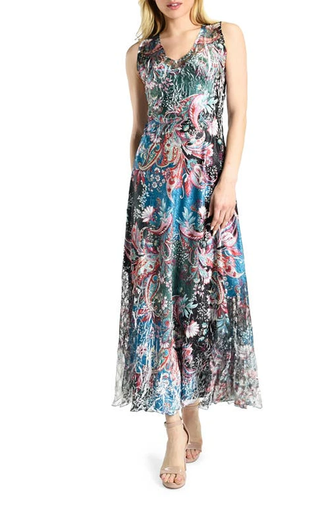 Komarov Lace-Up Back Charmeuse Dress Peacock Paisley at Nordstrom,