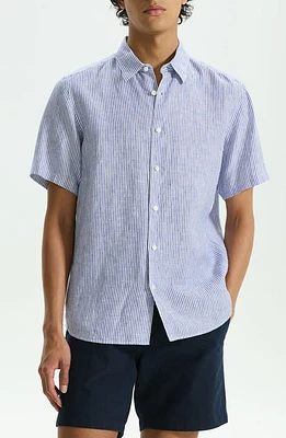 Theory Irving Pinstripe Short Sleeve Linen Button-Up Shirt White/Ocean - 1Rn at Nordstrom,