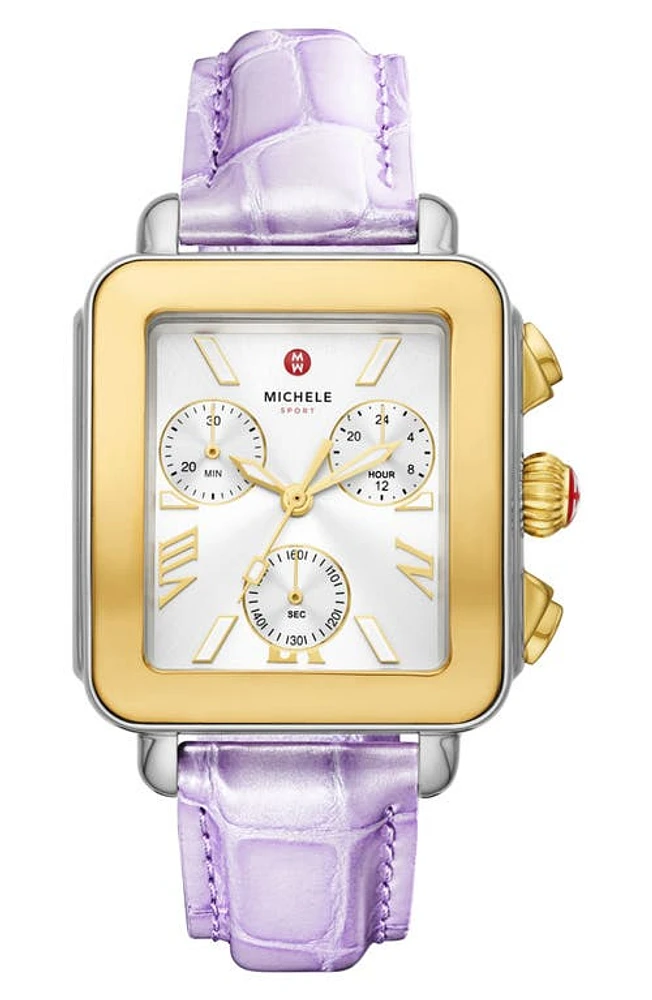 MICHELE Deco Sport Chronograph Leather Strap Watch, 34mm x 36mm in Lavender /Two Tone at Nordstrom