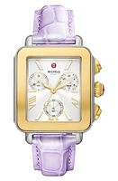 MICHELE Deco Sport Chronograph Leather Strap Watch, 34mm x 36mm in Lavender /Two Tone at Nordstrom