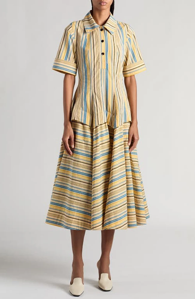 Bottega Veneta Optical Crinkle Check Cotton Midi Shirtdress Yellow/Blue/Black at Nordstrom, Us