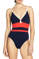 Robin Piccone Babe Triangle One-Piece Swimsuit Navy Combo at Nordstrom,