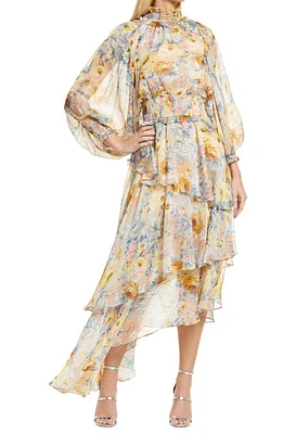 Elliatt Astrid Floral Print Long Sleeve Asymmetric Chiffon Dress Beige Multi at Nordstrom,