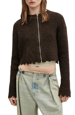 MANGO Aranya Scallop Trim Zip Cardigan Brown at Nordstrom,