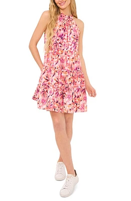 CeCe Floral Tiered Ruffle Stretch Cotton Dress in New Ivory/Pink Floral at Nordstrom, Size Large