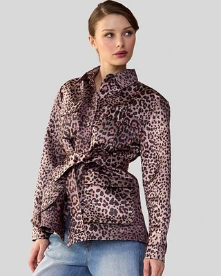 Cynthia Rowley Leopardess Satin Safari Jacket Brown at Nordstrom,