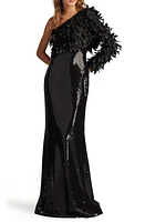 SHO by Tadashi Shoji Sequin Appliqué One-Shoulder Single Long Sleeve Gown Black at Nordstrom,