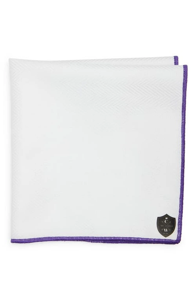 CLIFTON WILSON White Cotton Herringbone Pocket Square with Purple Trim in White/Purple at Nordstrom