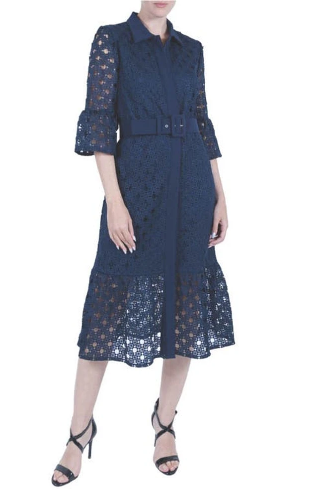 Julia Jordan Belted Ruffle Sleeve Lace Shirtdress Navy at Nordstrom,