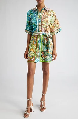 ALEMAIS Dreamer Belted Mini Linen Shirtdress in Green Multi at Nordstrom, Size 2