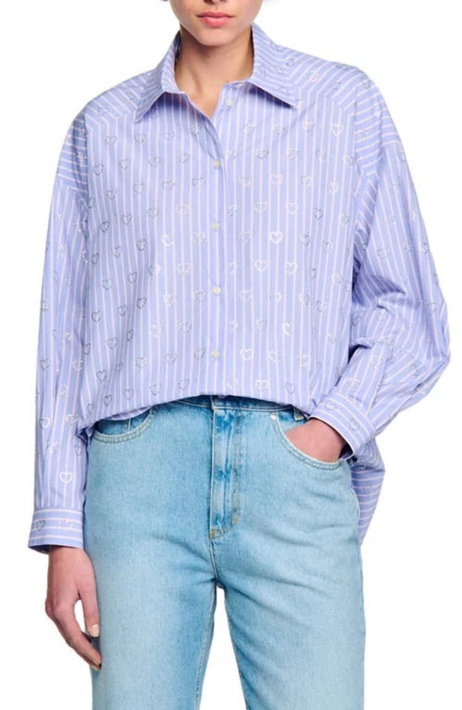 sandro Valentine Stripe Rhinestone Heart Cotton Button-Up Shirt Sky Blue at Nordstrom,