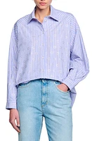 sandro Valentine Stripe Rhinestone Heart Cotton Button-Up Shirt Sky Blue at Nordstrom,