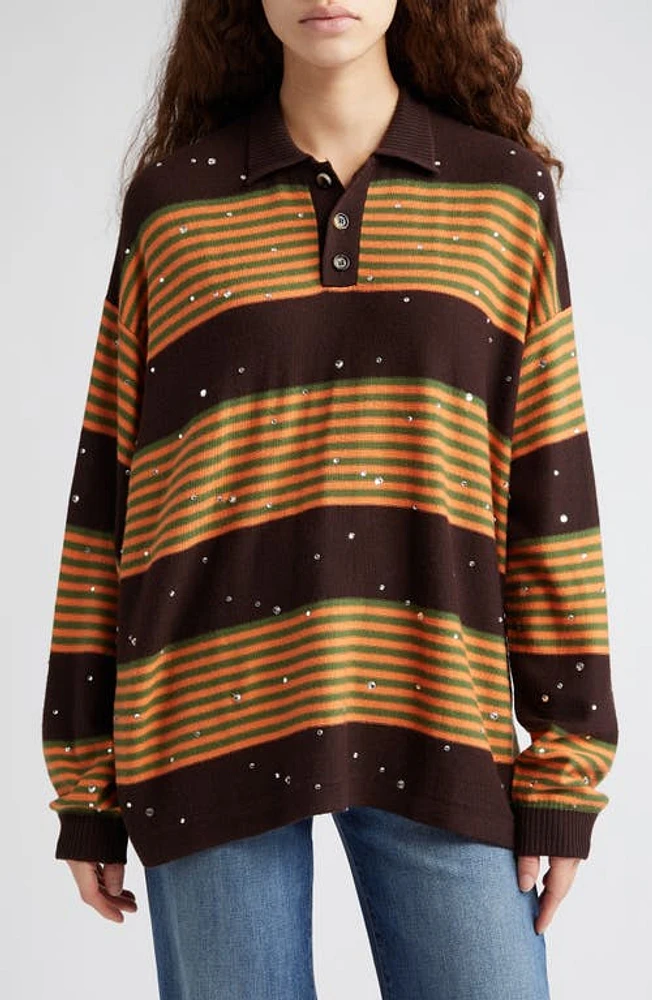 Bode Crystal Embellished Stripe Merino Wool Polo Sweater in Brown Multi at Nordstrom, Size Medium