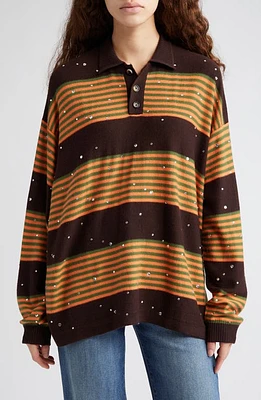 Bode Crystal Embellished Stripe Merino Wool Polo Sweater in Brown Multi at Nordstrom, Size Medium