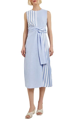 Misook Front Twist Cotton & Linen Midi Dress Blue/ivory at Nordstrom,