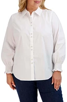 Foxcroft Olivia Smocked Cuff Cotton Blend Button-Up Shirt at Nordstrom,