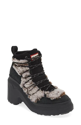 Hunter Explorer Faux Fur Trimmed Lace-Up Bootie Black/Natural at Nordstrom,