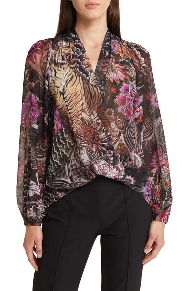 KOBI HALPERIN Robin Tiger Print Chiffon Top in Black Multi at Nordstrom, Size Large