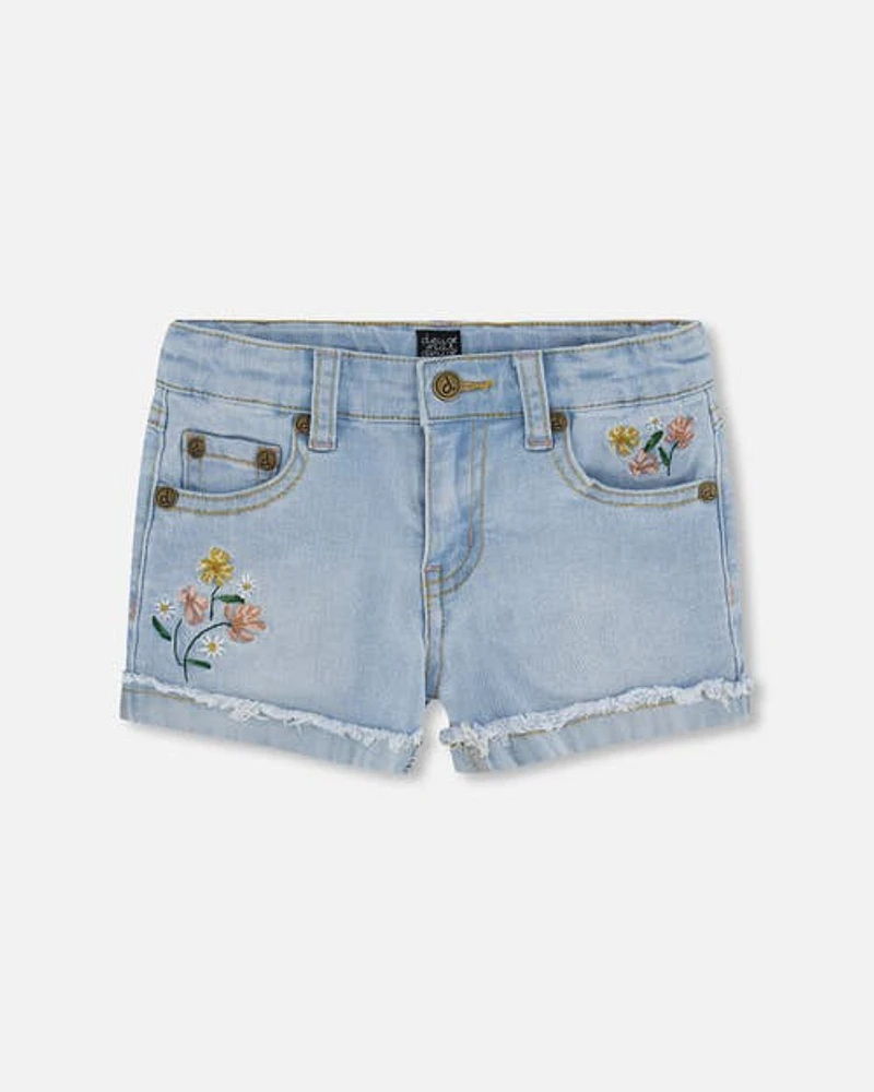 Deux Par Deux Little Girl's Denim Short With Embroidery Light Blue Denim at Nordstrom, Size 5