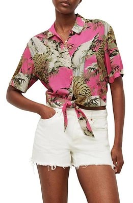 AllSaints Leni Tai Nui Tie Hem Short Sleeve Shirt in Hot Pink at Nordstrom, Size 8 Us