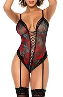 Mapale Floral Mesh Lace-Up Teddy Black Flower at Nordstrom,