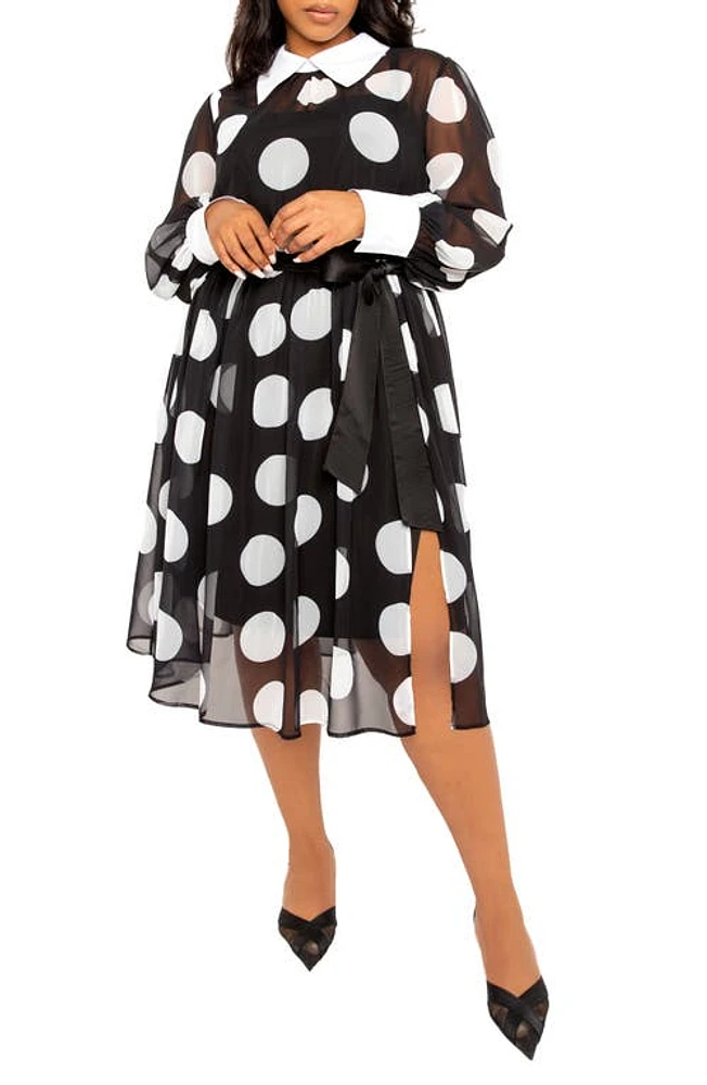 BUXOM COUTURE Polka Dot Long Sleeve Chiffon Shirtdress Black at Nordstrom,