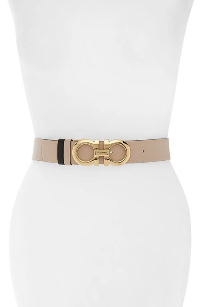 FERRAGAMO Double Gancio Reversible Leather Belt New Bisque/Nero at Nordstrom,