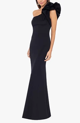 Betsy & Adam Ruffle One-Shoulder Scuba Gown Black at Nordstrom,