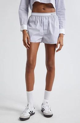 Sporty & Rich Serif Logo Cotton Shorts White/Faded Navy Thin Stripe at Nordstrom,