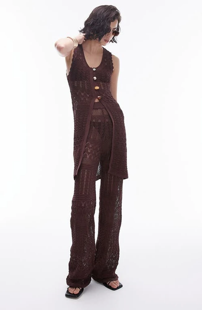 Topshop Open Stitch Sleeveless Longline Cardigan Brown at Nordstrom,