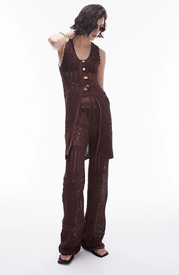 Topshop Open Stitch Sleeveless Longline Cardigan Brown at Nordstrom,