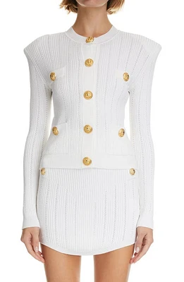 Balmain Pointelle Rib Cardigan Blanc at Nordstrom, Us