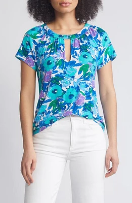 Loveappella Floral Print Keyhole Top Blue at Nordstrom,