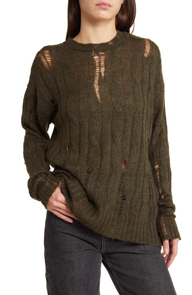 BDG Urban Outfitters Ladder Stitch Cable Crewneck Sweater Khaki at Nordstrom,