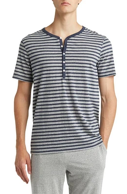 Daniel Buchler Heathered Stripe Recycled Cotton Blend Henley Pajama T-Shirt Navy/Grey at Nordstrom,