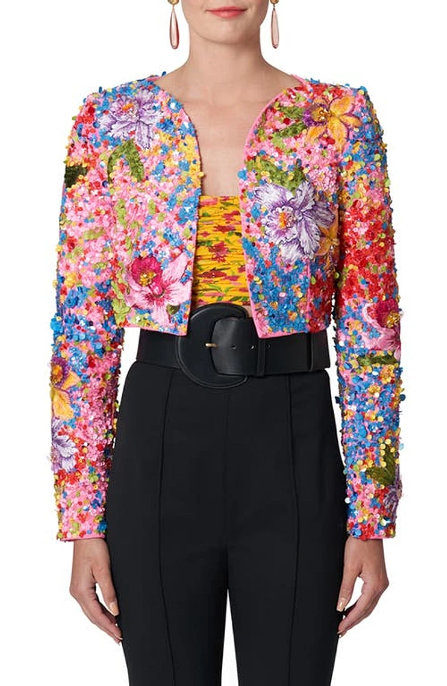 Carolina Herrera Floral Beaded Crop Jacket in Ivory Multi-Color at Nordstrom, Size 4