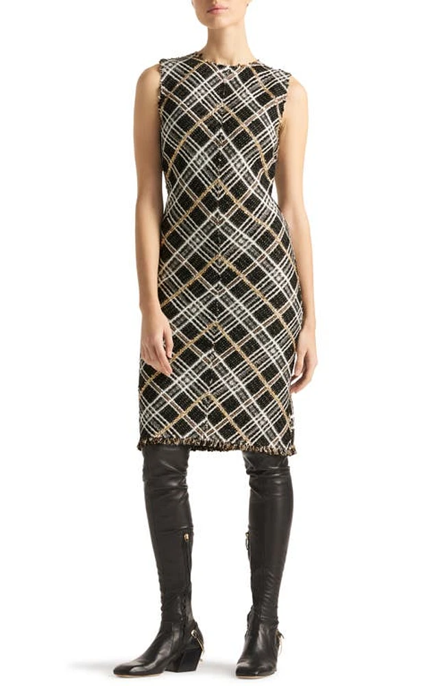 St. John Evening Sparkle Plaid Tweed Knit Sheath Dress Black/Ecru/Gold Multi at Nordstrom,