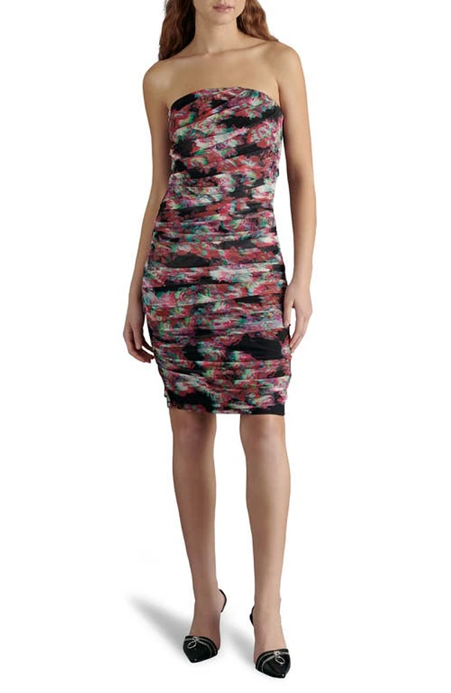 Steve Madden Regan Floral Ruched Mesh Strapless Dress Black Multi at Nordstrom,