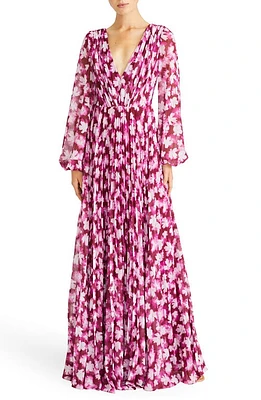 ML Monique Lhuillier Melanie Pleated Floral Long Sleeve Chiffon Gown Shadow at Nordstrom,